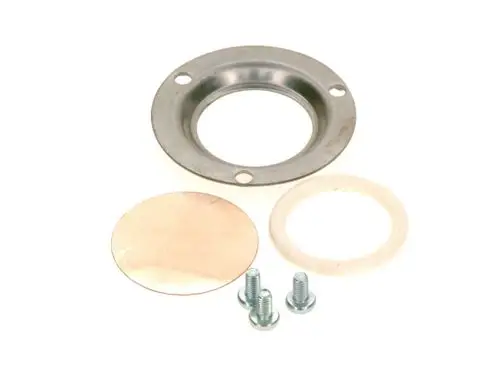 Schauglas-Set von Bosch, bestehend aus einem runden Metallring, einer Kupferplatte, einem Gummiring und mehreren Schrauben. Ideal für verschiedene Anwendungen.